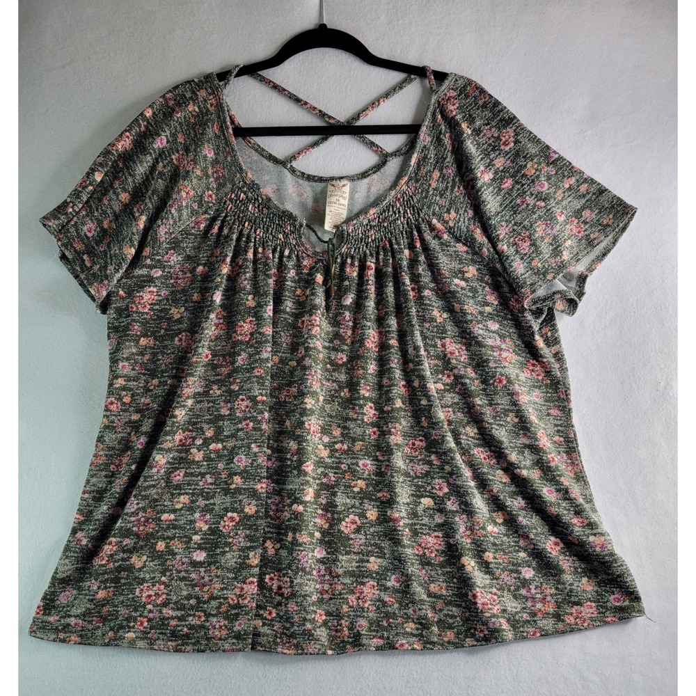 Faded Glory Sea Turtle Green Floral Smocked Strappy Back Knit Top 3X 22W-24W